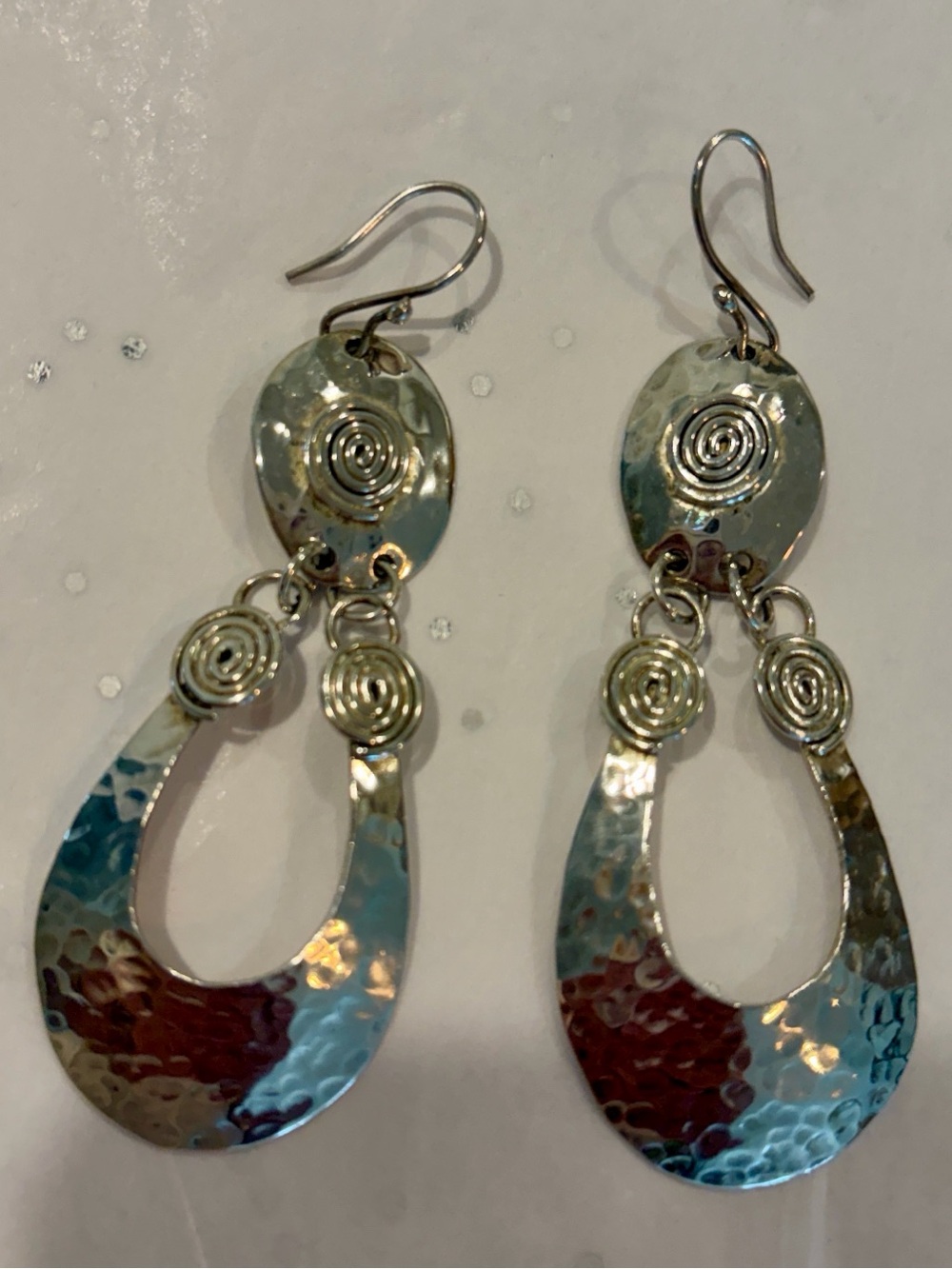 Hammered Silver-Tone Dangle Earrings - Spiral Accent - Picture 2 of 4